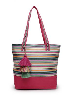eco- friendly magenta & multi striped jacquard cotton canvas tote bag 3