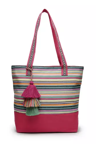 eco- friendly magenta & multi striped jacquard cotton canvas tote bag