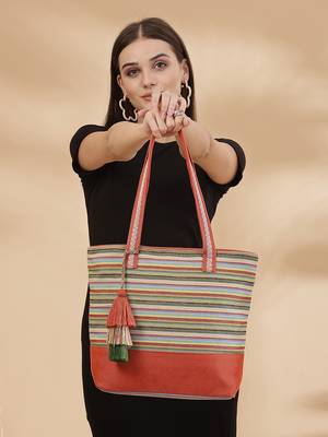 eco- friendly rust & multi striped jacquard cotton canvas tote bag 2