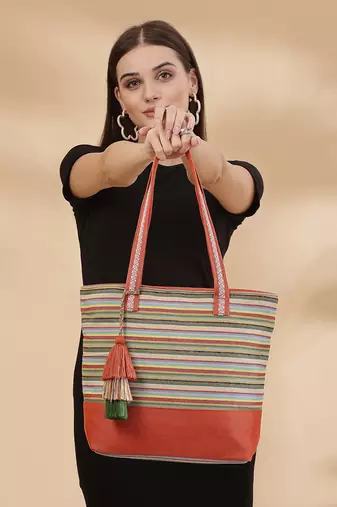 eco- friendly rust & multi striped jacquard cotton canvas tote bag