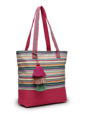 eco- friendly magenta & multi striped jacquard cotton canvas tote bag 4