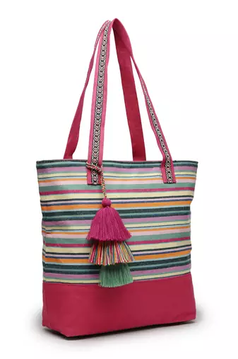 eco- friendly magenta & multi striped jacquard cotton canvas tote bag