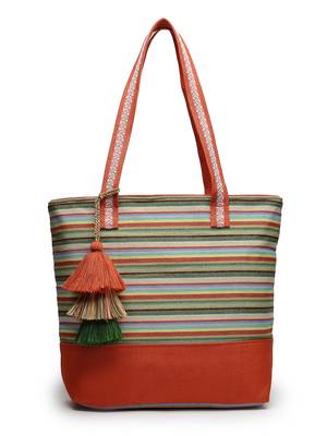 eco- friendly rust & multi striped jacquard cotton canvas tote bag 3