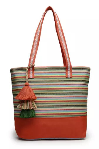 eco- friendly rust & multi striped jacquard cotton canvas tote bag