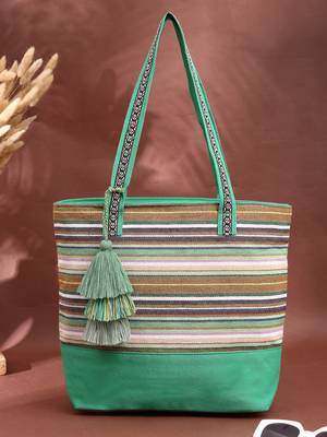  eco- friendly emerald green & multi striped jacquard cotton canvas tote bag 1