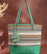  eco- friendly emerald green & multi striped jacquard cotton canvas tote bag