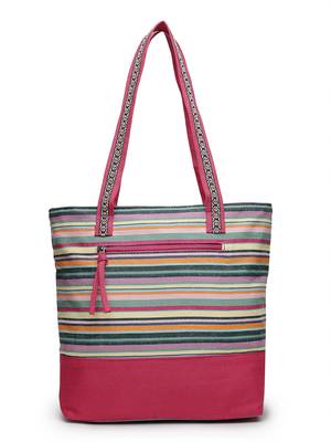 eco- friendly magenta & multi striped jacquard cotton canvas tote bag 5