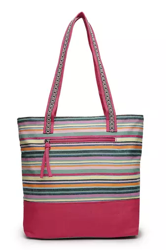 eco- friendly magenta & multi striped jacquard cotton canvas tote bag