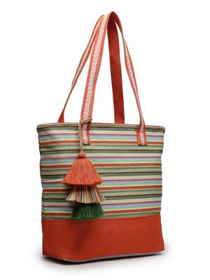 eco- friendly rust & multi striped jacquard cotton canvas tote bag 4