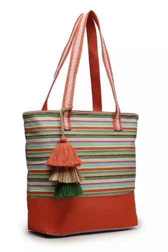 eco- friendly rust & multi striped jacquard cotton canvas tote bag