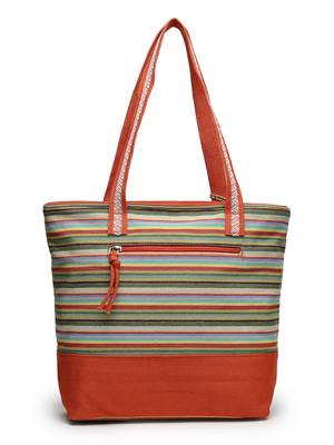 eco- friendly rust & multi striped jacquard cotton canvas tote bag 5