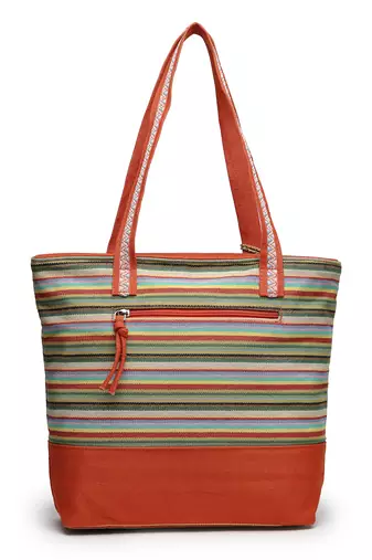 eco- friendly rust & multi striped jacquard cotton canvas tote bag