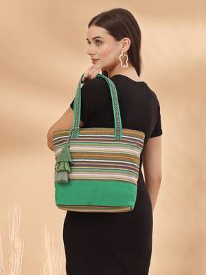  eco- friendly emerald green & multi striped jacquard cotton canvas tote bag 2