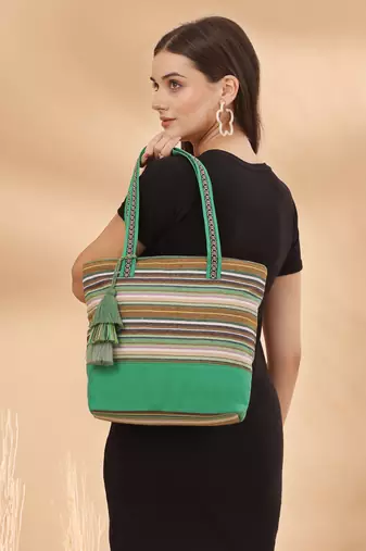  eco- friendly emerald green & multi striped jacquard cotton canvas tote bag