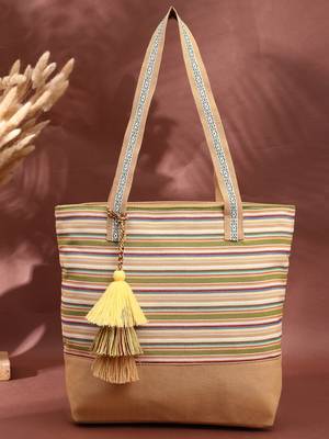 eco- friendly sand & multi striped jacquard cotton canvas tote bag 1