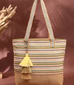 eco- friendly sand & multi striped jacquard cotton canvas tote bag
