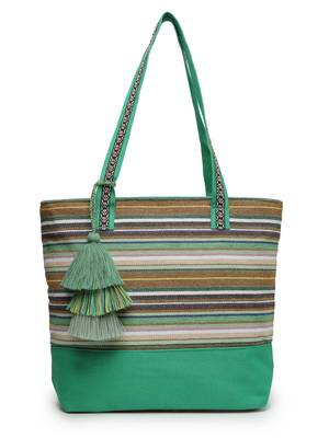  eco- friendly emerald green & multi striped jacquard cotton canvas tote bag 3
