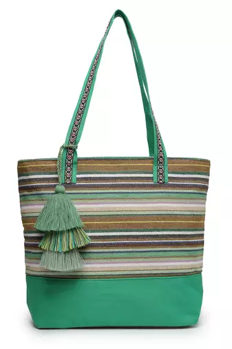  eco- friendly emerald green & multi striped jacquard cotton canvas tote bag