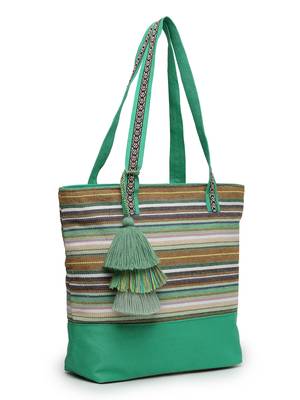  eco- friendly emerald green & multi striped jacquard cotton canvas tote bag 4