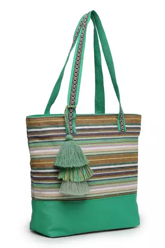  eco- friendly emerald green & multi striped jacquard cotton canvas tote bag