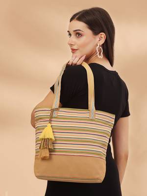 eco- friendly sand & multi striped jacquard cotton canvas tote bag 2