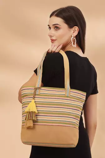 eco- friendly sand & multi striped jacquard cotton canvas tote bag