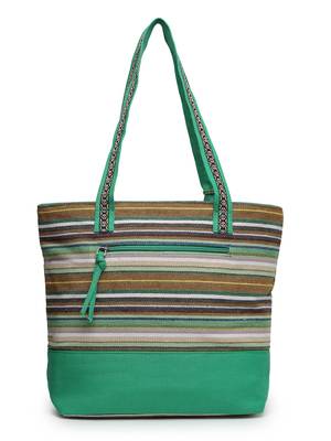  eco- friendly emerald green & multi striped jacquard cotton canvas tote bag 5