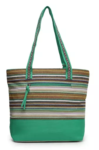  eco- friendly emerald green & multi striped jacquard cotton canvas tote bag