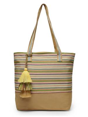 eco- friendly sand & multi striped jacquard cotton canvas tote bag 3
