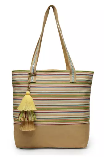 eco- friendly sand & multi striped jacquard cotton canvas tote bag