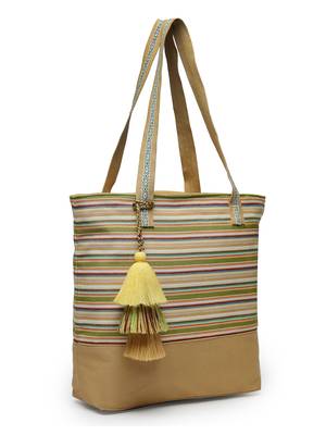eco- friendly sand & multi striped jacquard cotton canvas tote bag 4