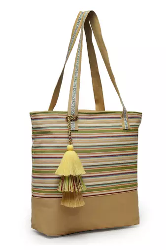 eco- friendly sand & multi striped jacquard cotton canvas tote bag
