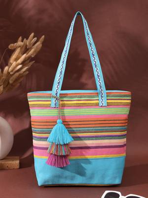 eco- friendly sky blue & multi striped jacquard cotton canvas tote bag 1