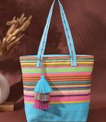 eco- friendly sky blue & multi striped jacquard cotton canvas tote bag