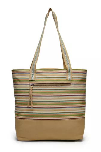 eco- friendly sand & multi striped jacquard cotton canvas tote bag
