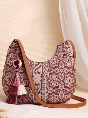 tribal wine, ivory & tan tribal cotton jacquard sling bag 1