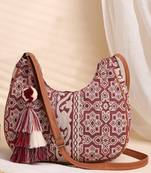 tribal wine, ivory & tan tribal cotton jacquard sling bag