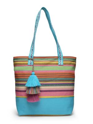 eco- friendly sky blue & multi striped jacquard cotton canvas tote bag 3