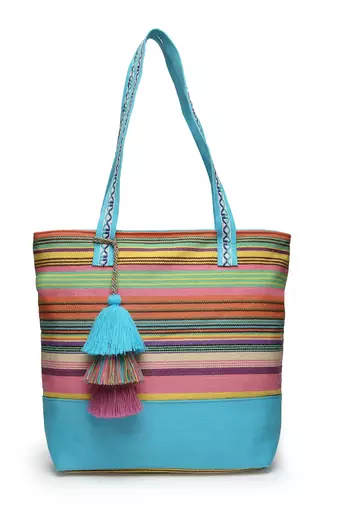 eco- friendly sky blue & multi striped jacquard cotton canvas tote bag