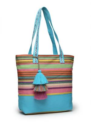 eco- friendly sky blue & multi striped jacquard cotton canvas tote bag 4