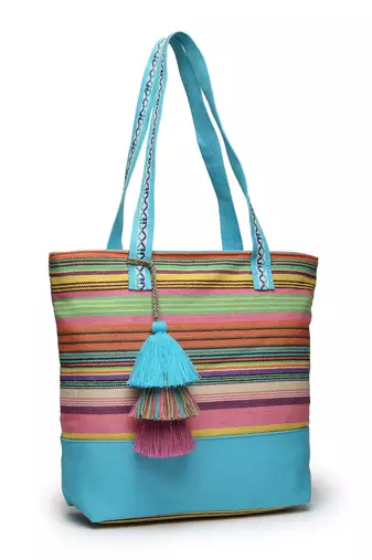 eco- friendly sky blue & multi striped jacquard cotton canvas tote bag