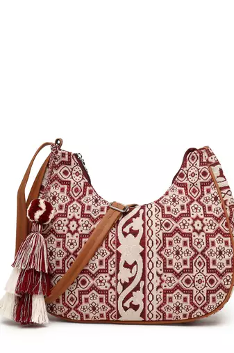 tribal wine, ivory & tan tribal cotton jacquard sling bag