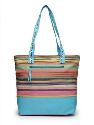 eco- friendly sky blue & multi striped jacquard cotton canvas tote bag 5
