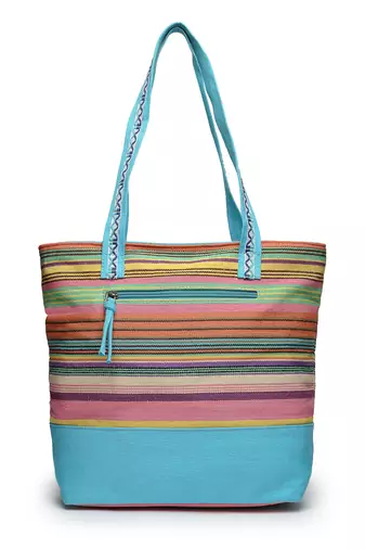 eco- friendly sky blue & multi striped jacquard cotton canvas tote bag