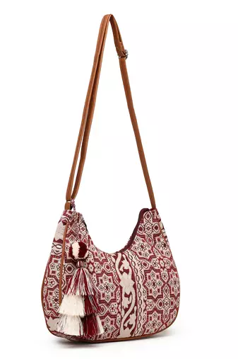 tribal wine, ivory & tan tribal cotton jacquard sling bag