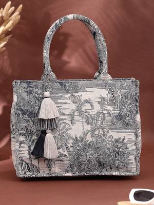 jungle natural & navy toile cotton jacquard handheld bag 1