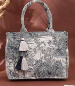 jungle natural & navy toile cotton jacquard handheld bag