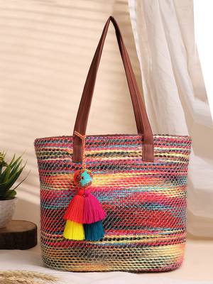 boho tan & multi woven striped cotton acrylic tote bag 1