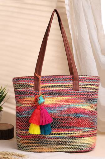 boho tan & multi woven striped cotton acrylic tote bag