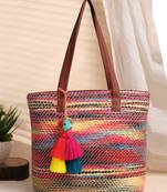 boho tan & multi woven striped cotton acrylic tote bag